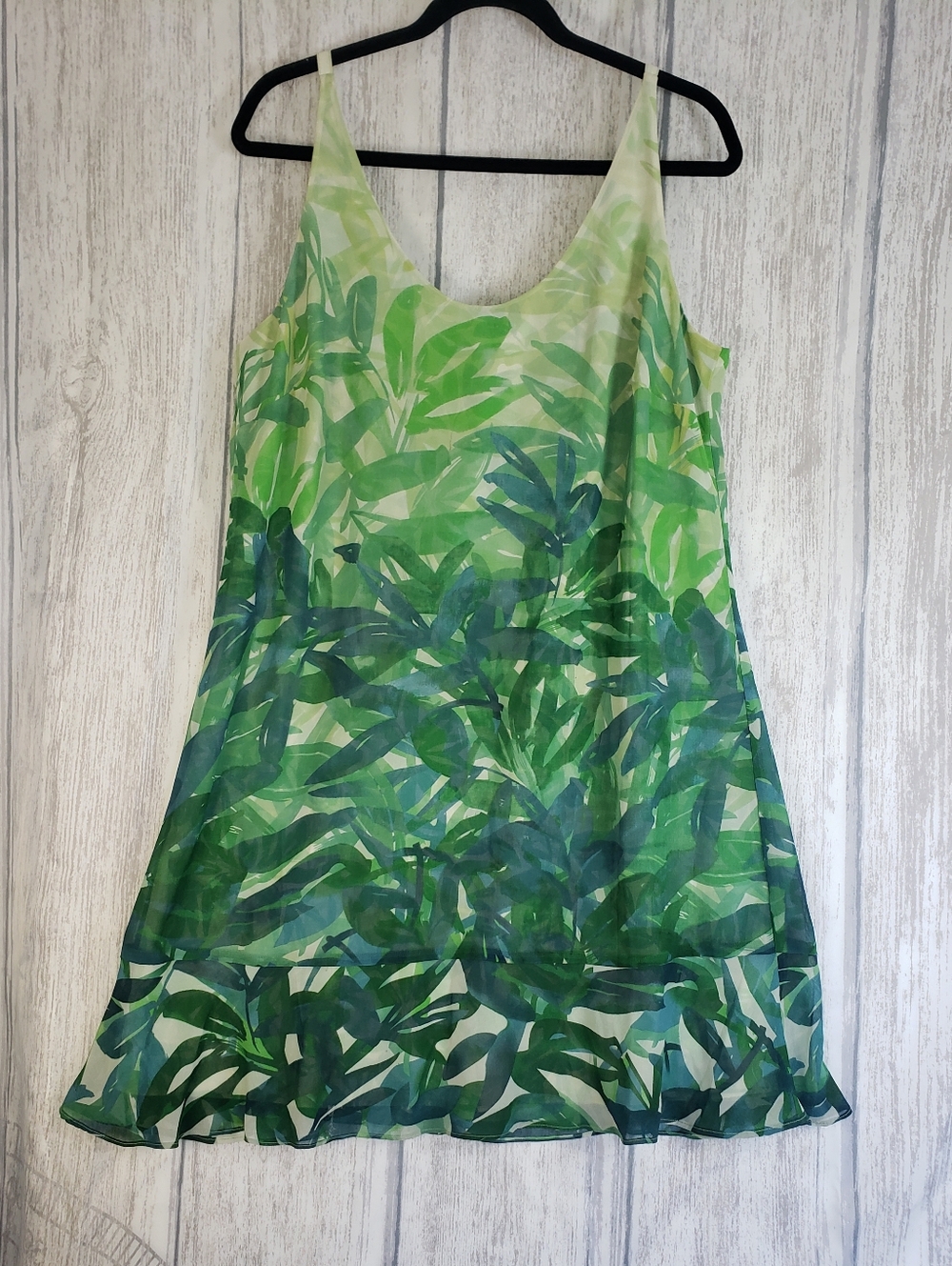 CAbi Green Leaf-Print Slip Mini Tunic Dress Adjustable Straps Size Large